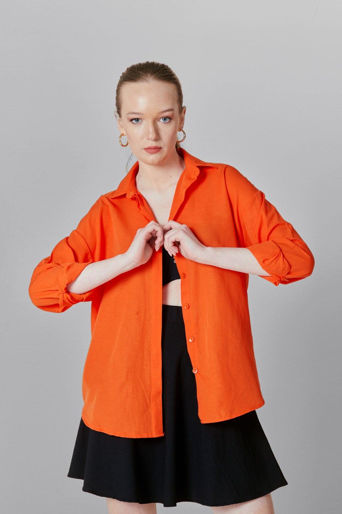 Women's Orange Oversize Long Basic Shirt - Swordslife