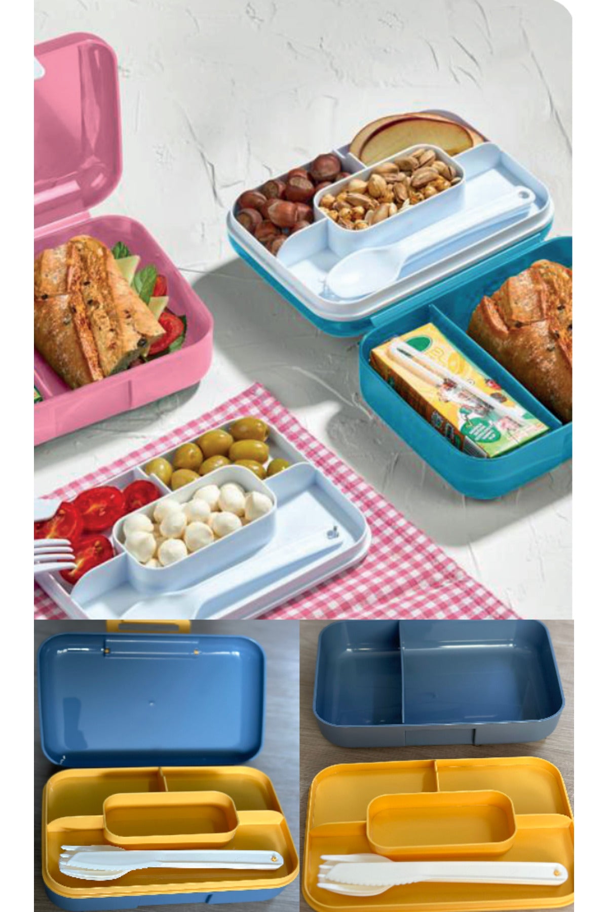Blue 2-Layer Compartment Lockable Lunch Box And Spoon Set Snack Bread Storage Container