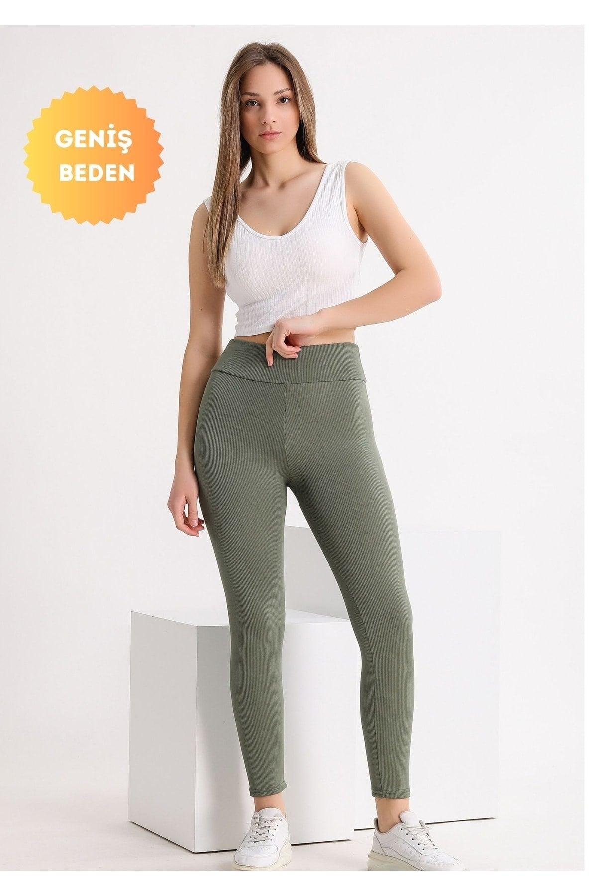 Curve Plus Size Ribbed High Waist Contouring Khaki Leggings - Swordslife