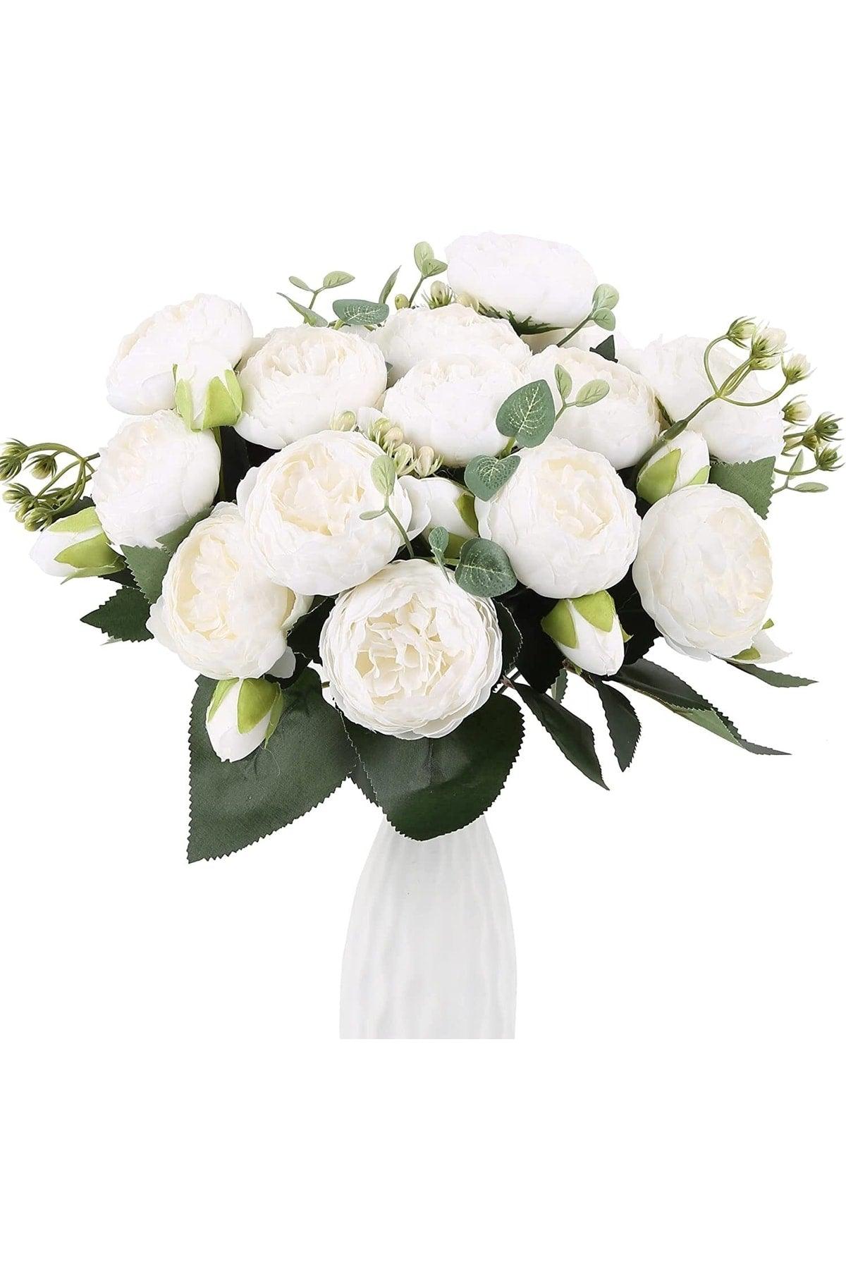 Artificial Flower White 6 Ball Peony Bundle Eucalyptus And Gypsum Erengül - Swordslife