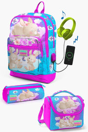 Kids Blue Pink Rabbit Patterned Usb 3-Piece School Bag Set Set0123836