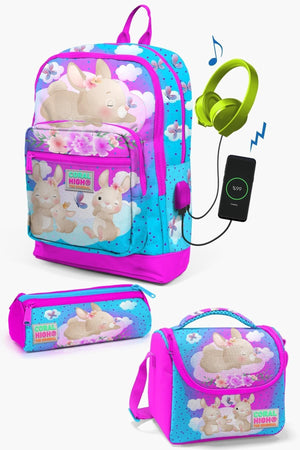 Kids Blue Pink Rabbit Patterned Usb 3-Piece School Bag Set Set0123836