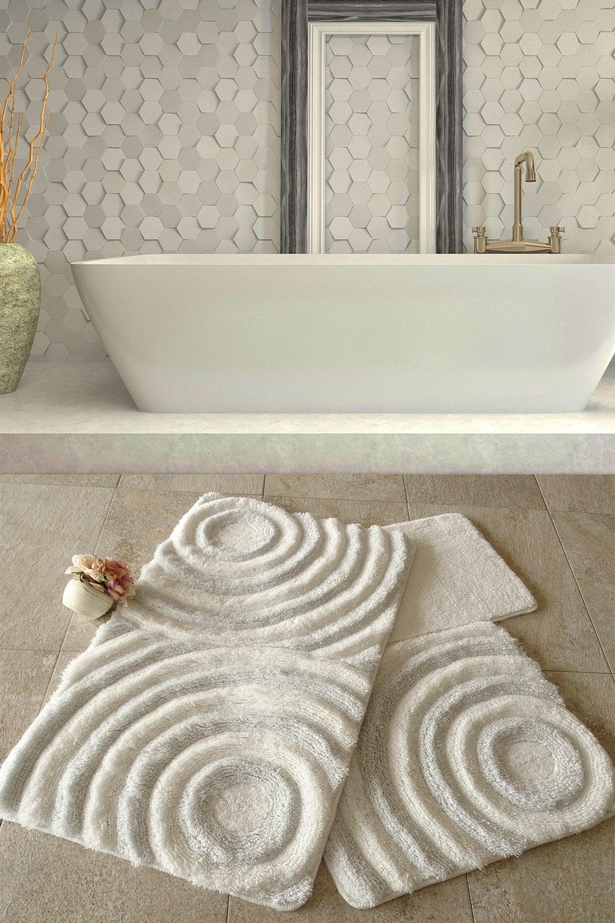 Wave White 3 Piece Set Bathroom Carpet Washable, Non-Slip Base - Swordslife