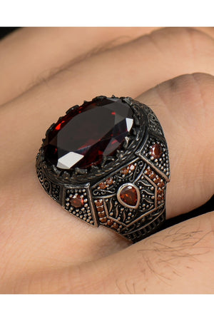 925 Sterling Silver Men'S Ring With Red Zircon Stone Zircon Stone Embellished