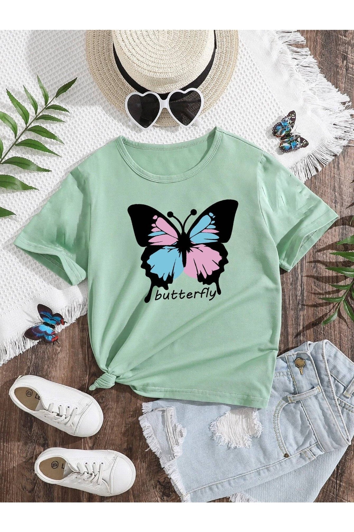 Crew Neck New Butterfly Printed Girl'S T-Shirt