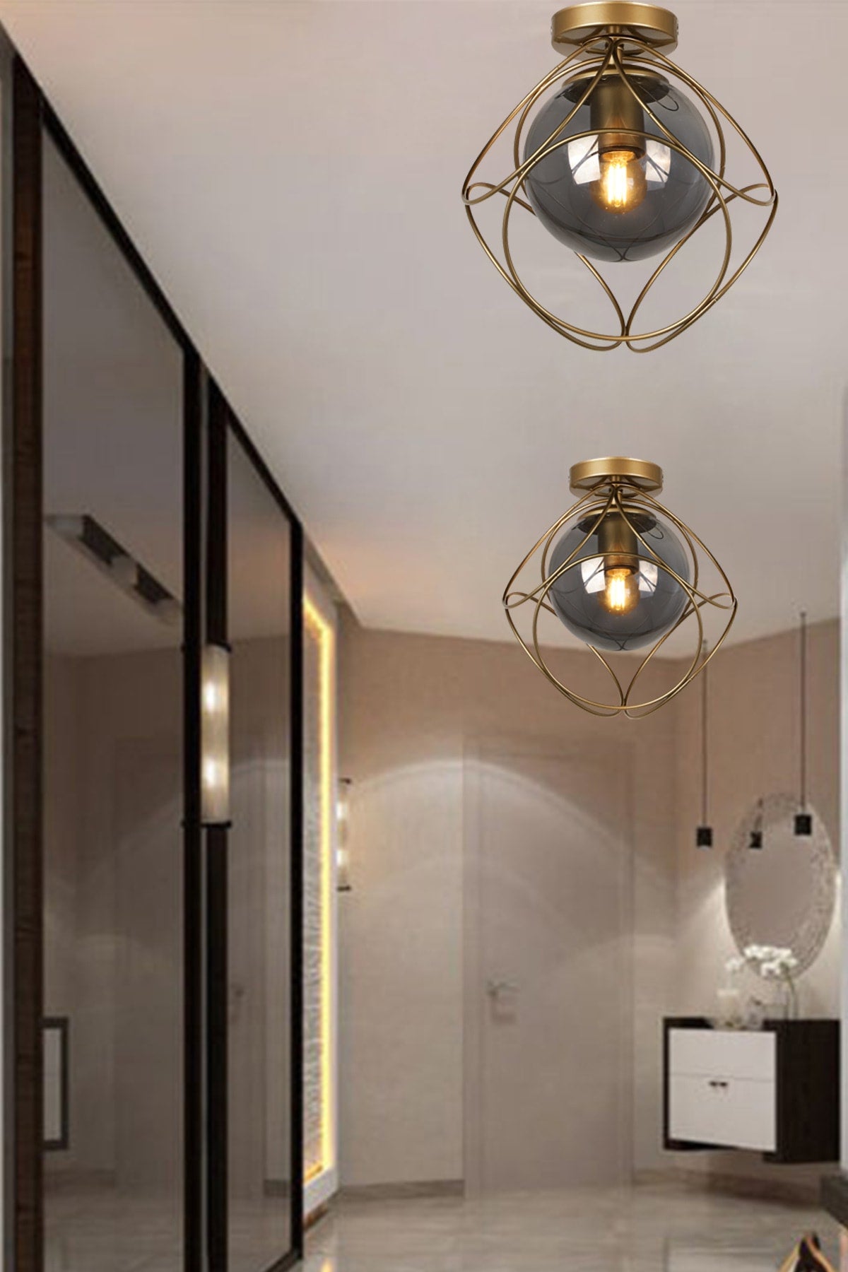 Suna Single Antique-Smoked Glass Ceiling Mount Chandelier