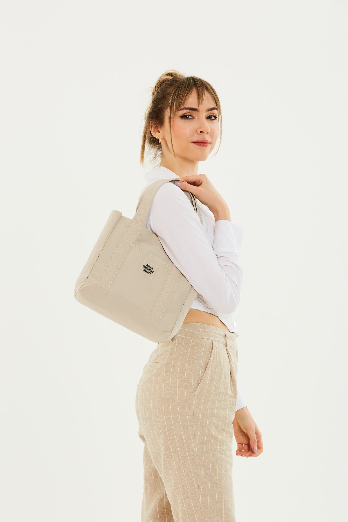 Cream U37 Snap Closure 2 Compartment Front Pocket Detailed Canvas Fabric Daily Women'S Arm And Shoulder Bag U: