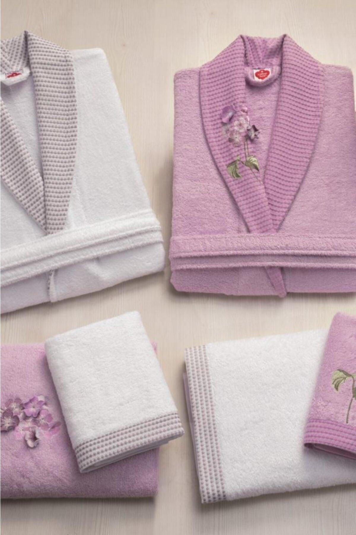 Unisex Lilac White Bamboo 3d Embroidered Family Bathrobe Set - Swordslife