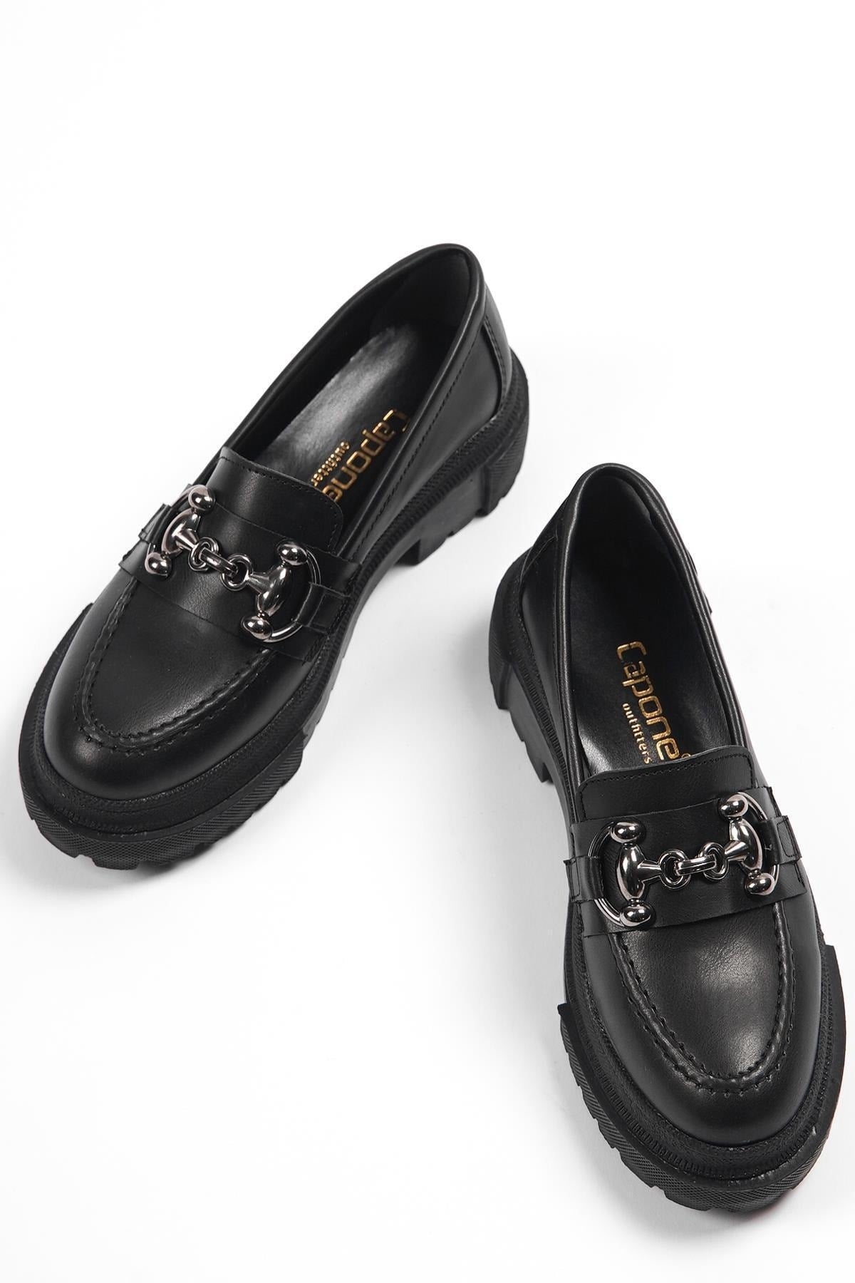 Capone Oval Toe Metal Buckle Trak Sole Black Women'S Loafers
