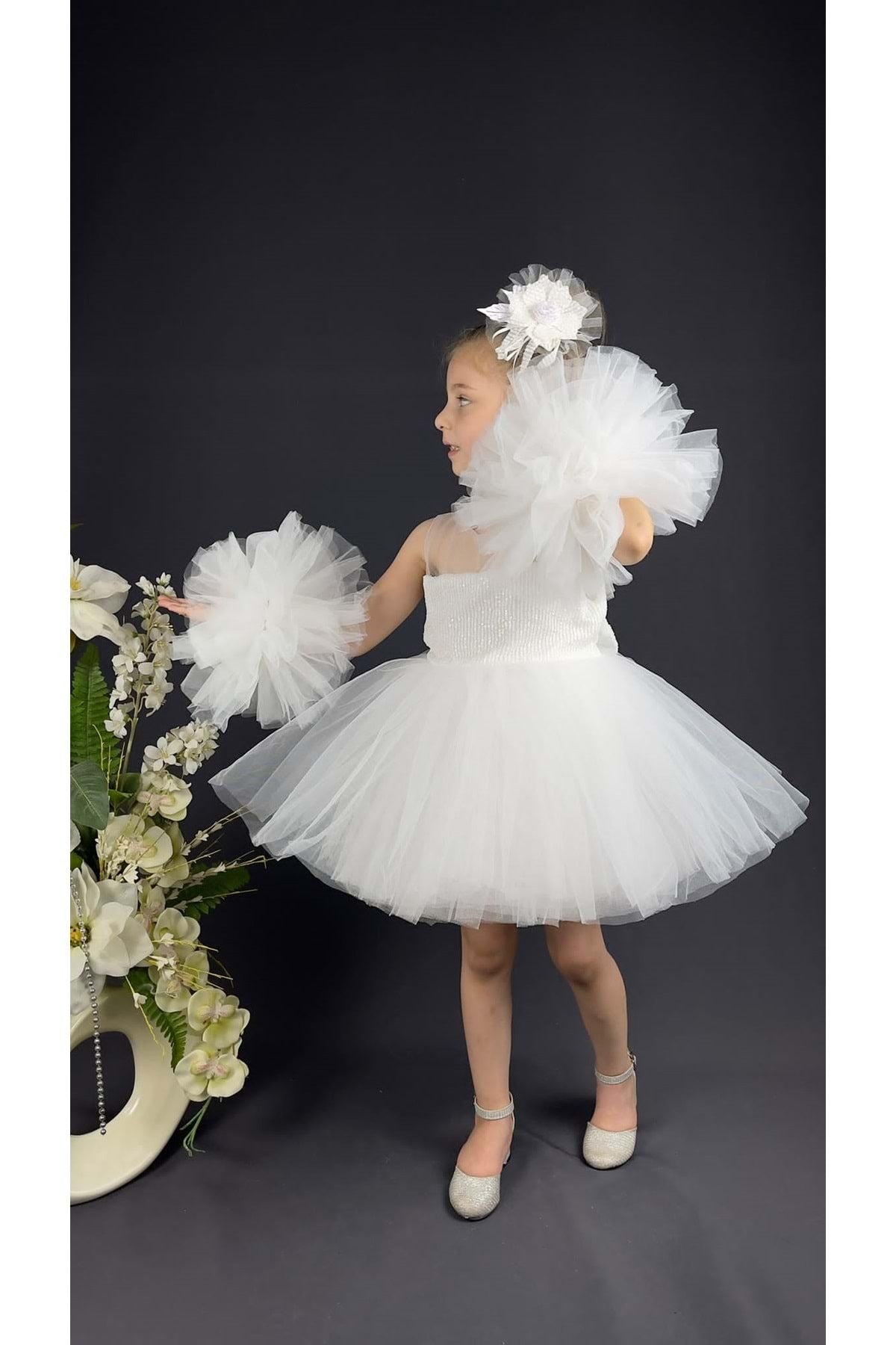 Chiffon Robe Pompom Sleeve Sequined Girls Fluffy Skirt Tulle Evening Dress White