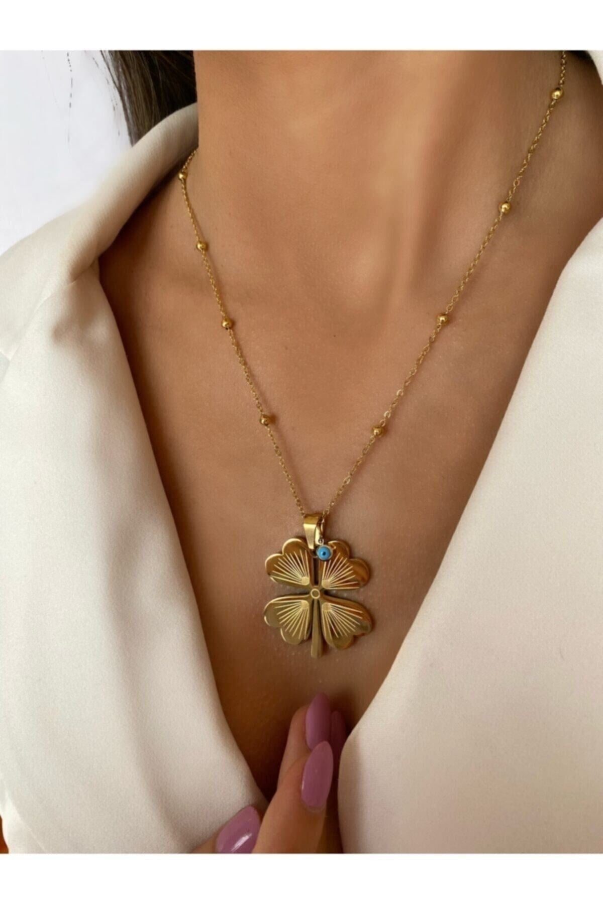 Gold Color 4 Leaf Clover Long Barley Necklace