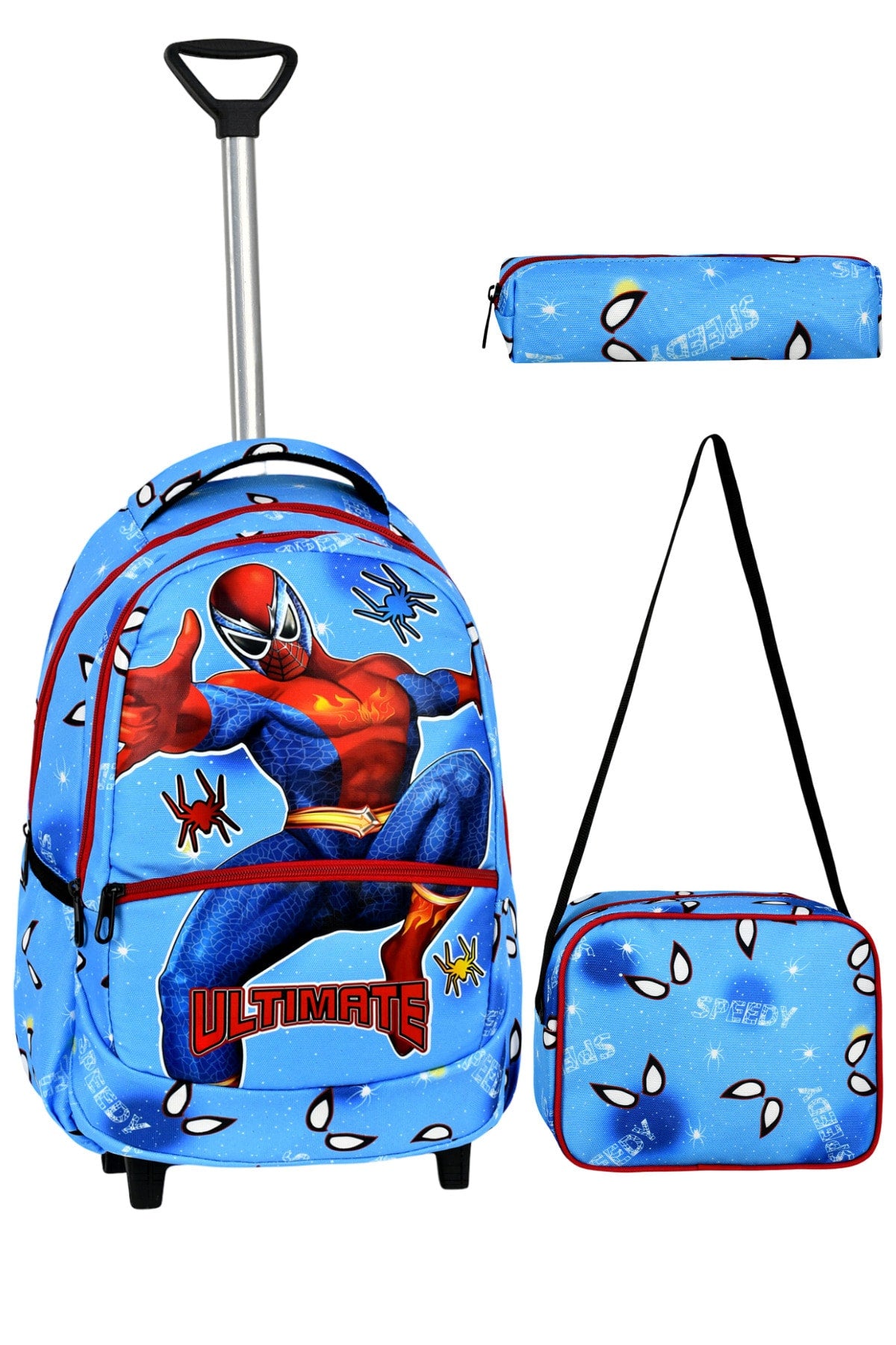 3 Pcs School Set with Squeegee, Spiderman Pattern Primary School Bag Lunch Box Pen Holder