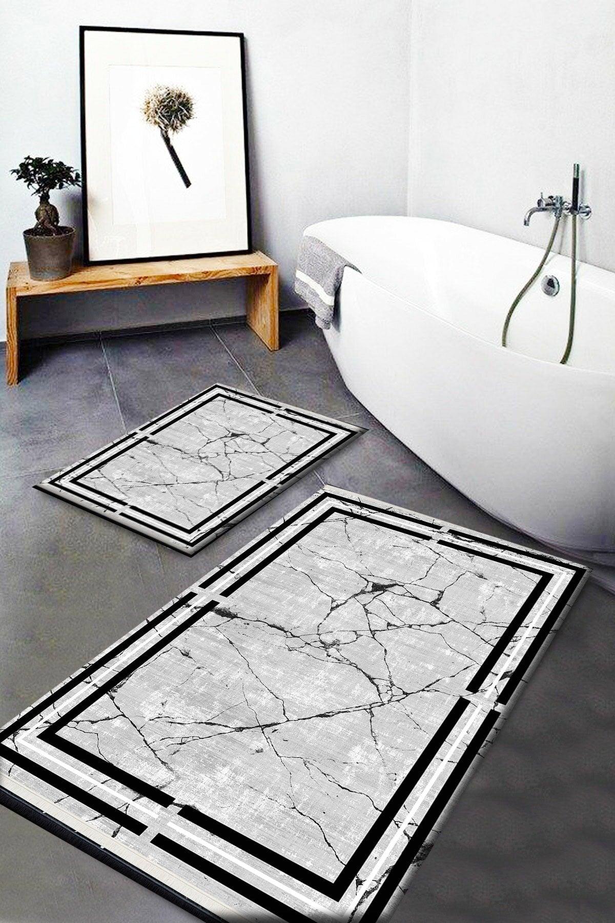 Else Gray Black Marble Patterned Washable Non-Slip Bath Mat 2-Pack Closet Set Carpet Dts-17 - Swordslife