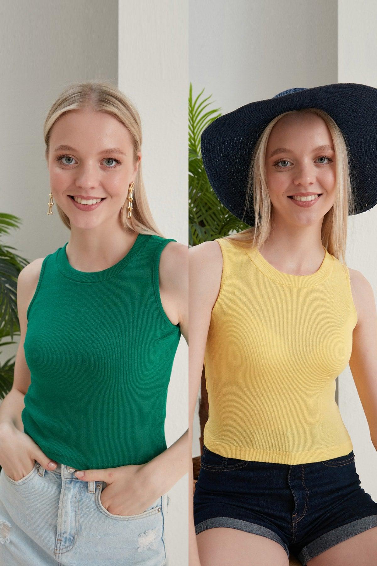 Women's Green Yellow Halter Neck Corduroy 2-Pack Crop Blouse - Swordslife