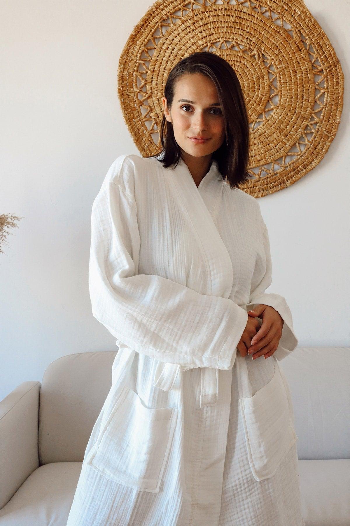 Adult Kimono Bathrobe, 100% Cotton 4 Ply Multi Muslin White - Swordslife