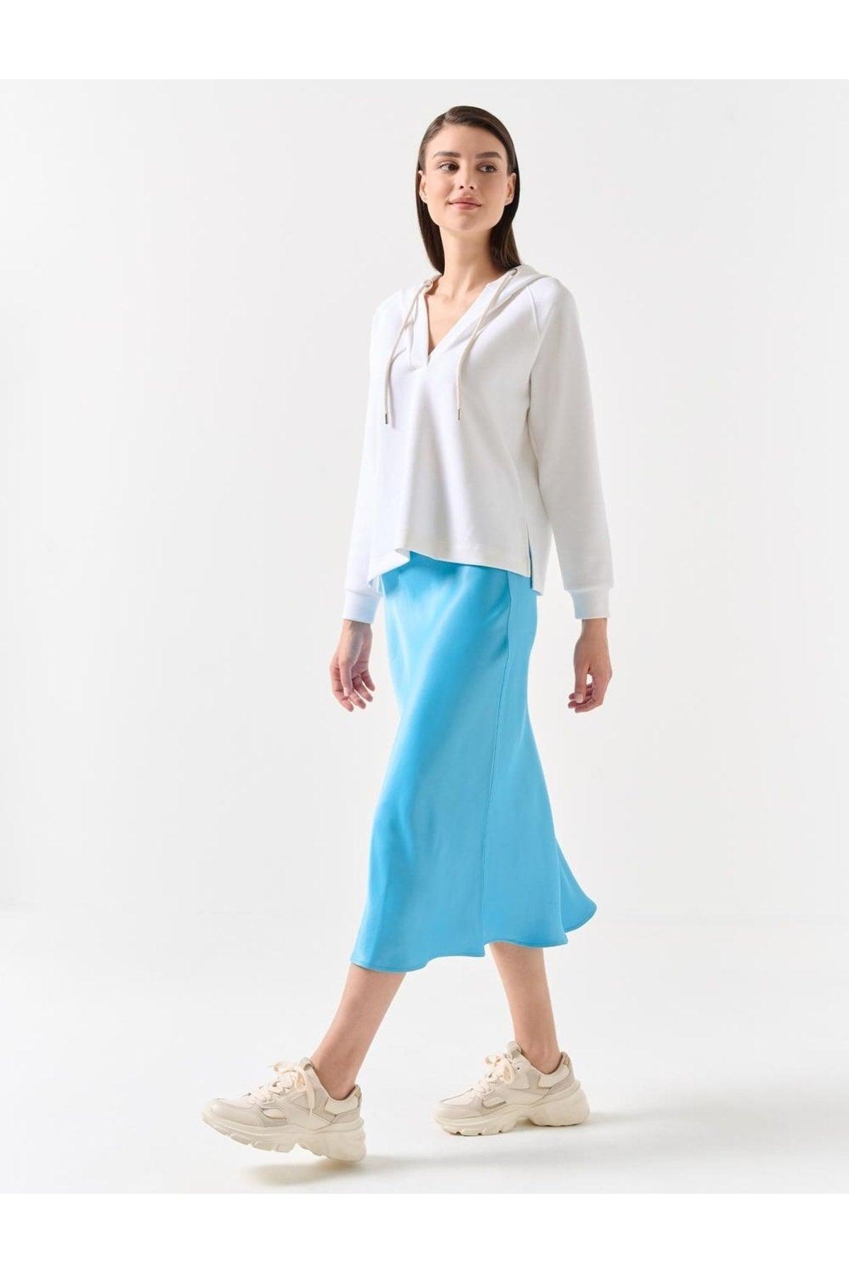 Light Sky Blue Straight Cut High Waist Midi Satin Skirt - Swordslife