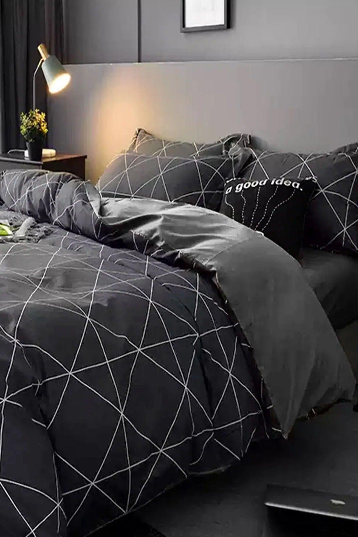 Elastic Linen Duvet Cover Set Single Geometric Basic Gray - Swordslife