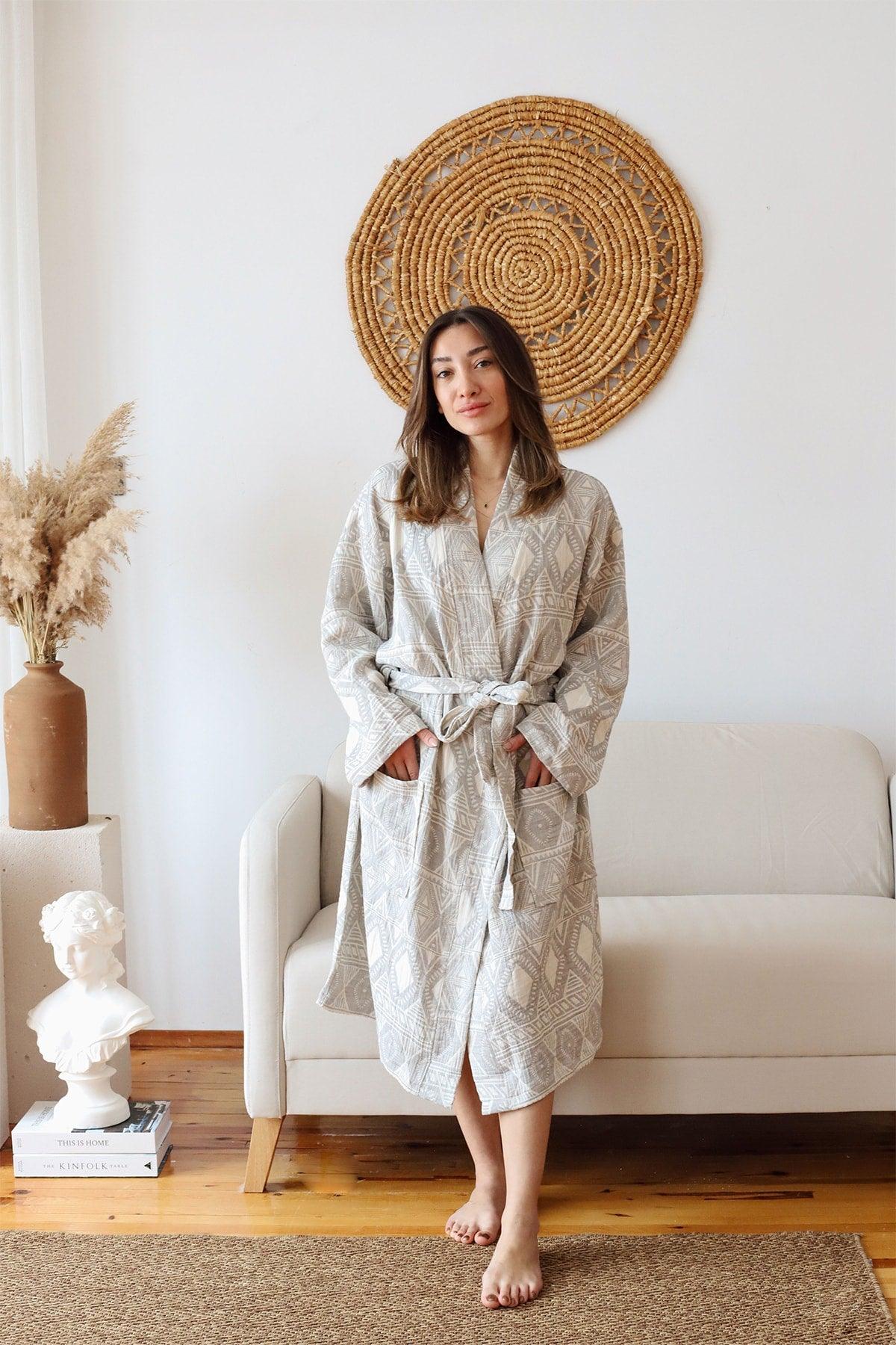 Adult Patterned Muslin Bathrobe, Special Design 100% Cotton 3 Ply Double Sided - Swordslife