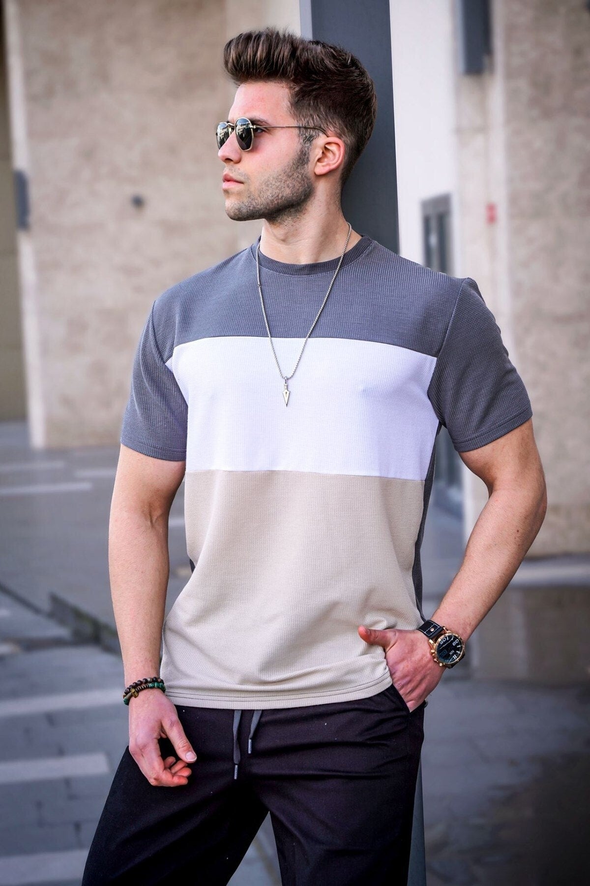 Men'S Color Block Smoked T-Shirt 5826