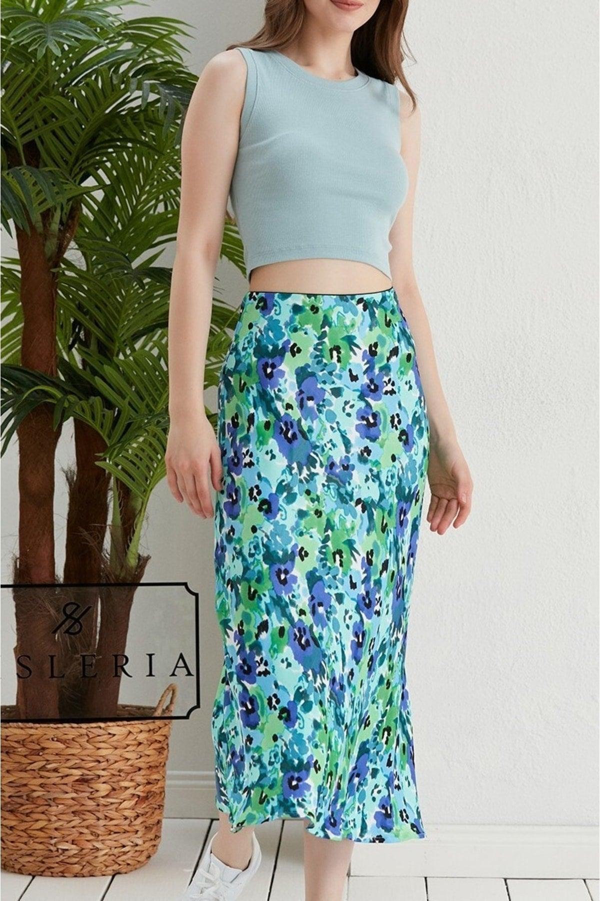 Floral Pattern Viscose Satin Midi Length Skirt -blue Flower - Swordslife