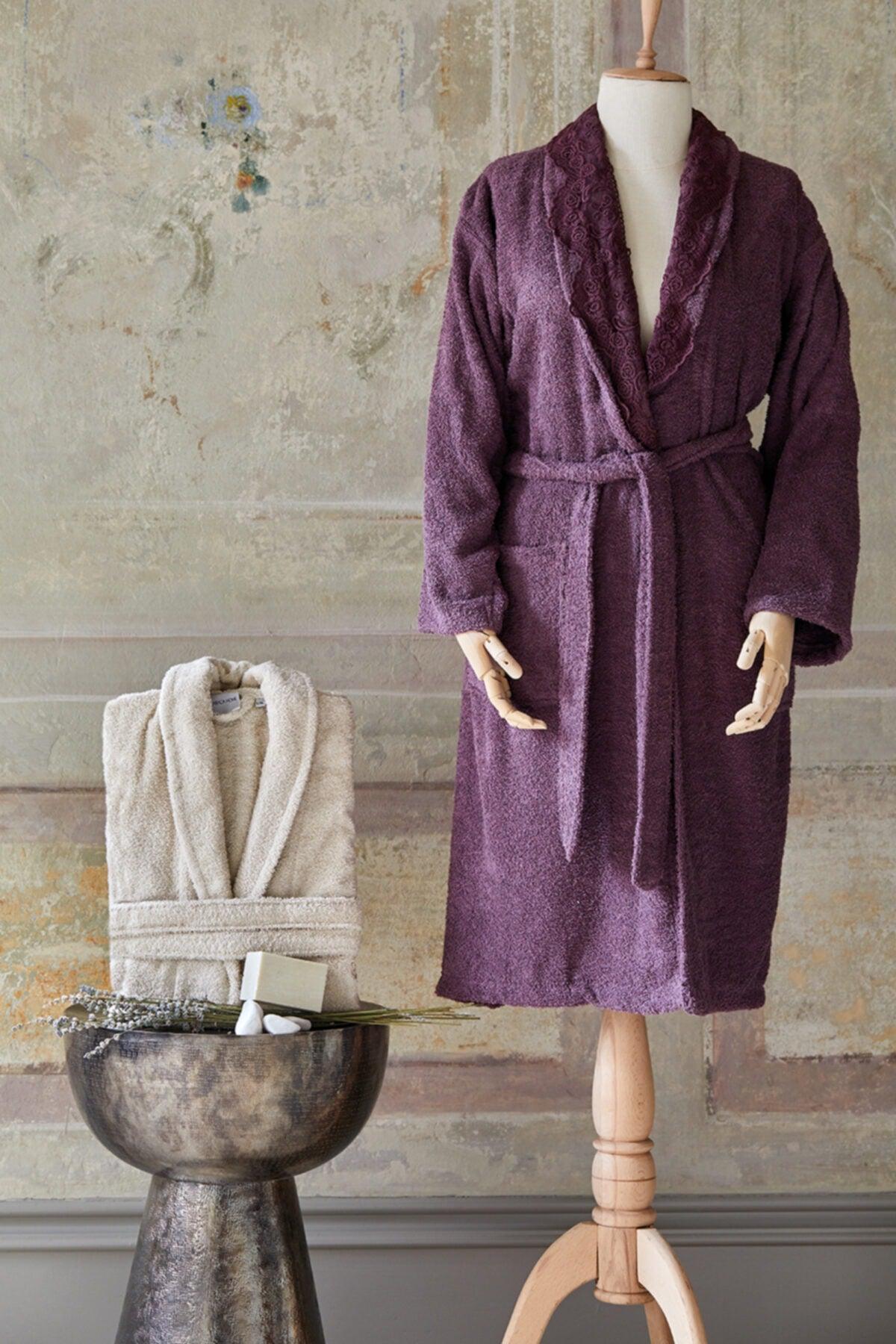 Valeria Royal Lacy Plum Bathrobe Set 3 Pcs - Swordslife