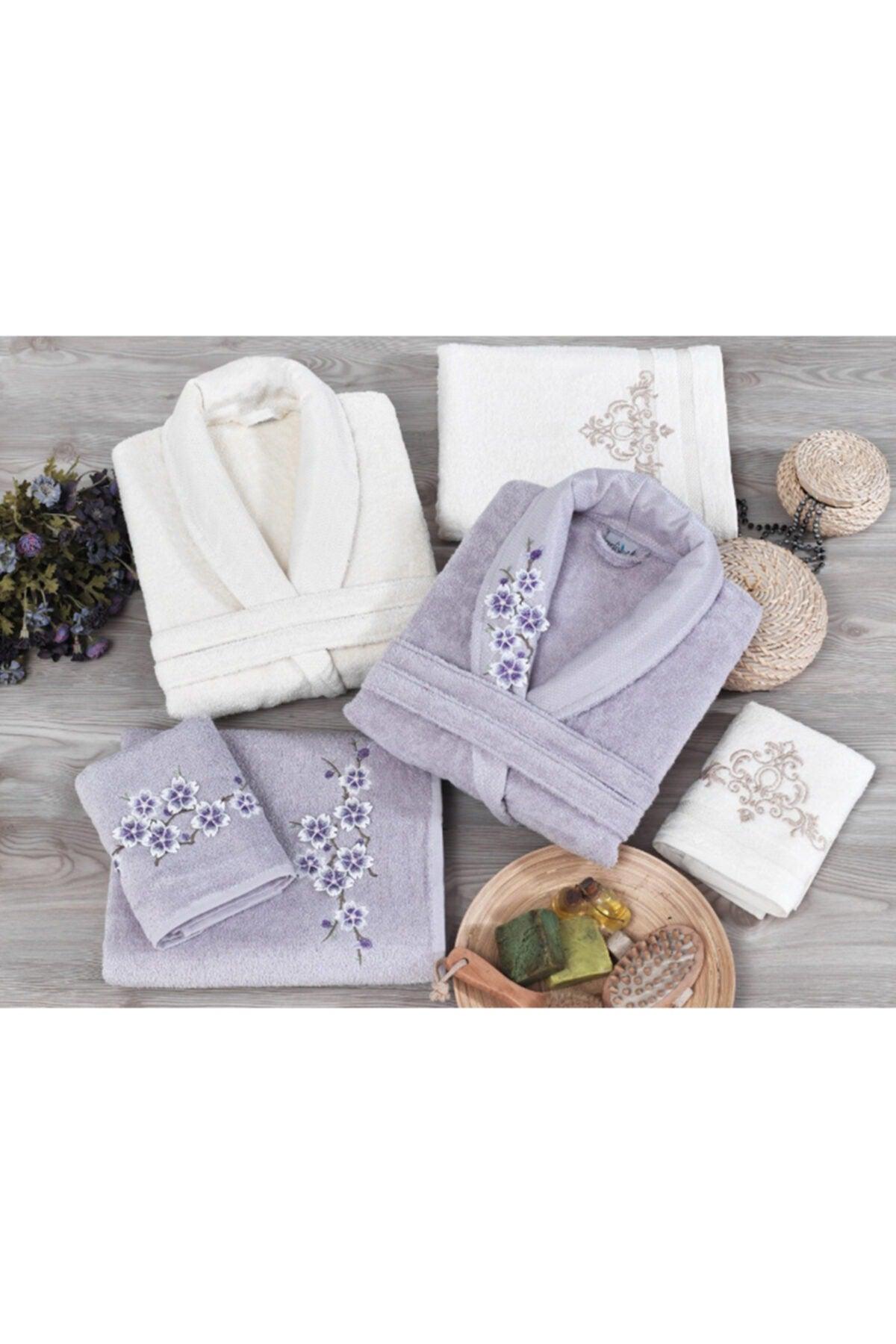 Embroidered Family Bathrobe Set Lilac Cream Arliva Bamboo 3d - Swordslife