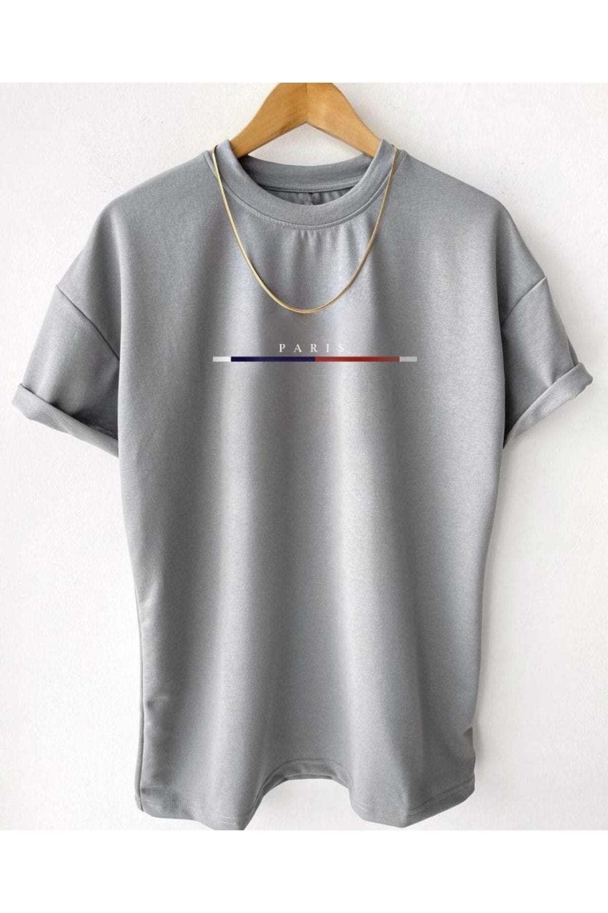 Men'S Gray Chest Slim Stripe Paris Printed Oversize Crew Neck T-Shirt