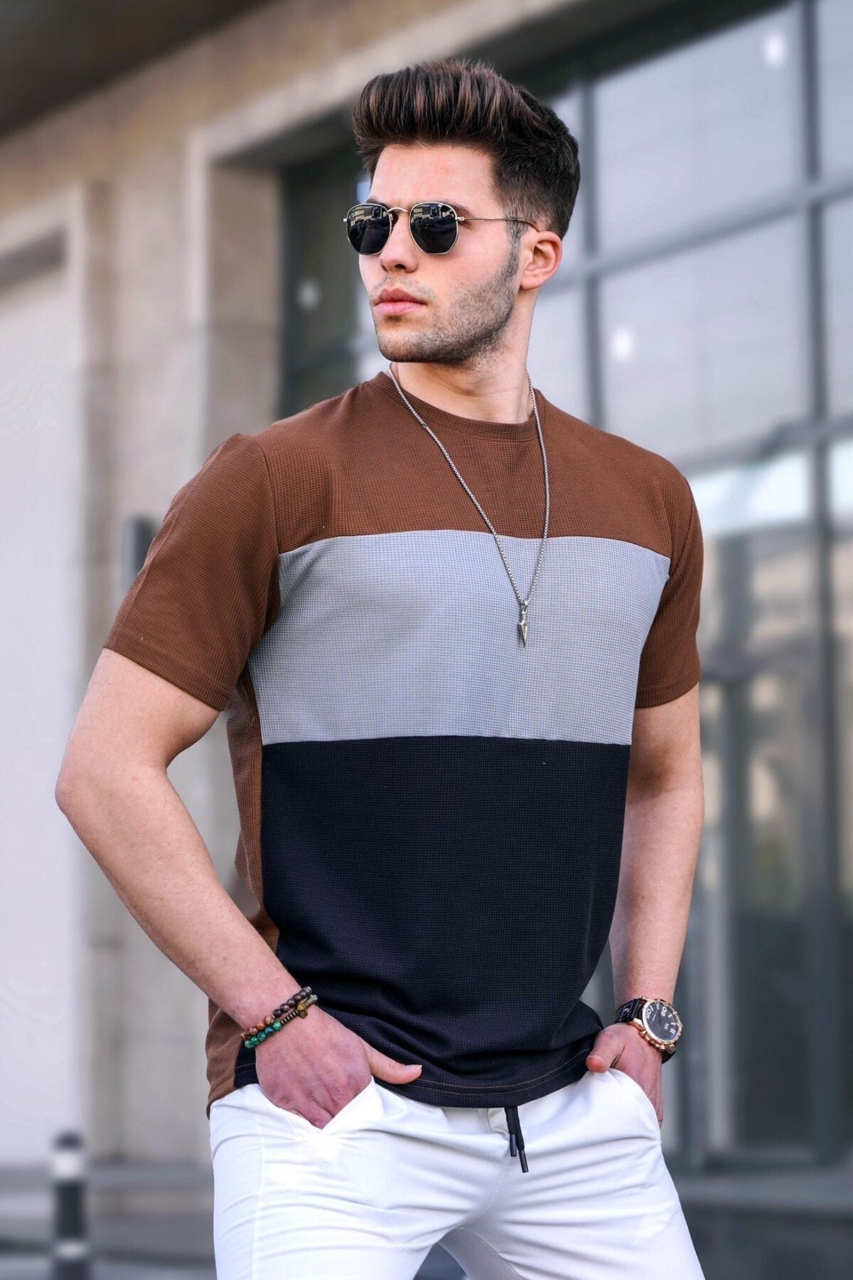 Men'S Color Block Brown T-Shirt 5826