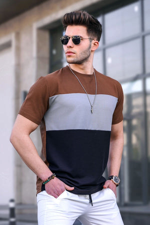 Men'S Color Block Brown T-Shirt 5826