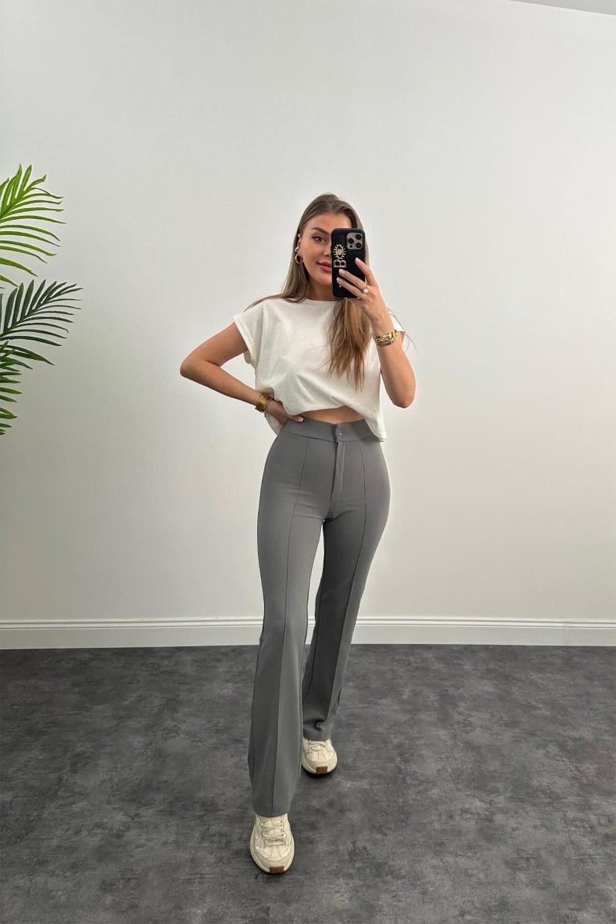 Ultra High Waist Crepe Fabric Lycra Palazzo Trousers Gray - Swordslife