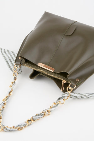 Women'S Khaki Scarf Chain Accessory Soft Leather 3-Compartment Hand, Arm And Shoulder Bag