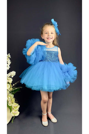 Chiffon Robe Pompom Sleeve Sequined Girls Fluffy Skirt Tulle Evening Dress Blue