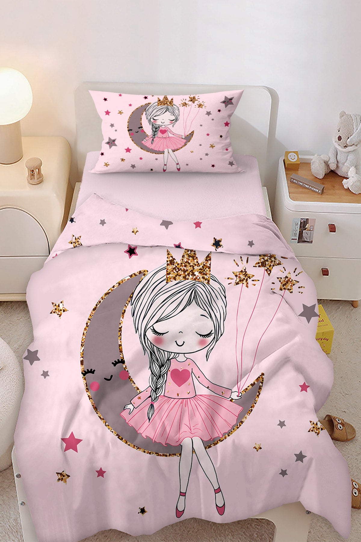 Ballerina Princess Fairy Girl Sitting On The Moon Patterned Single Baby Kids Duvet Cover Set