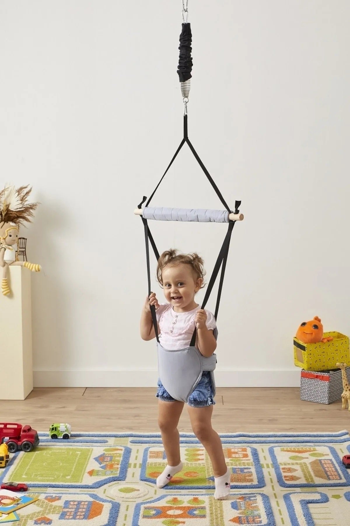 Hoppala Bouncer Kangaroo , Balance Baby Walker With Spring Natural Wood Gray