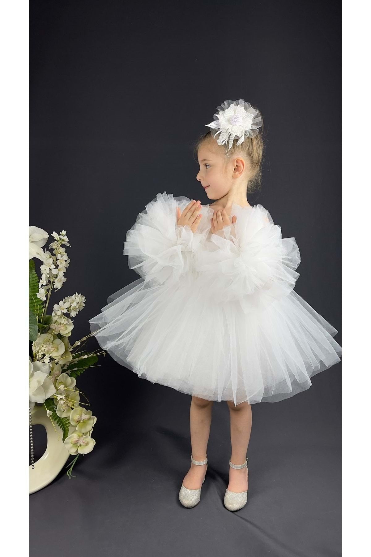 Chiffon Robe Pompom Sleeve Sequined Girls Fluffy Skirt Tulle Evening Dress White