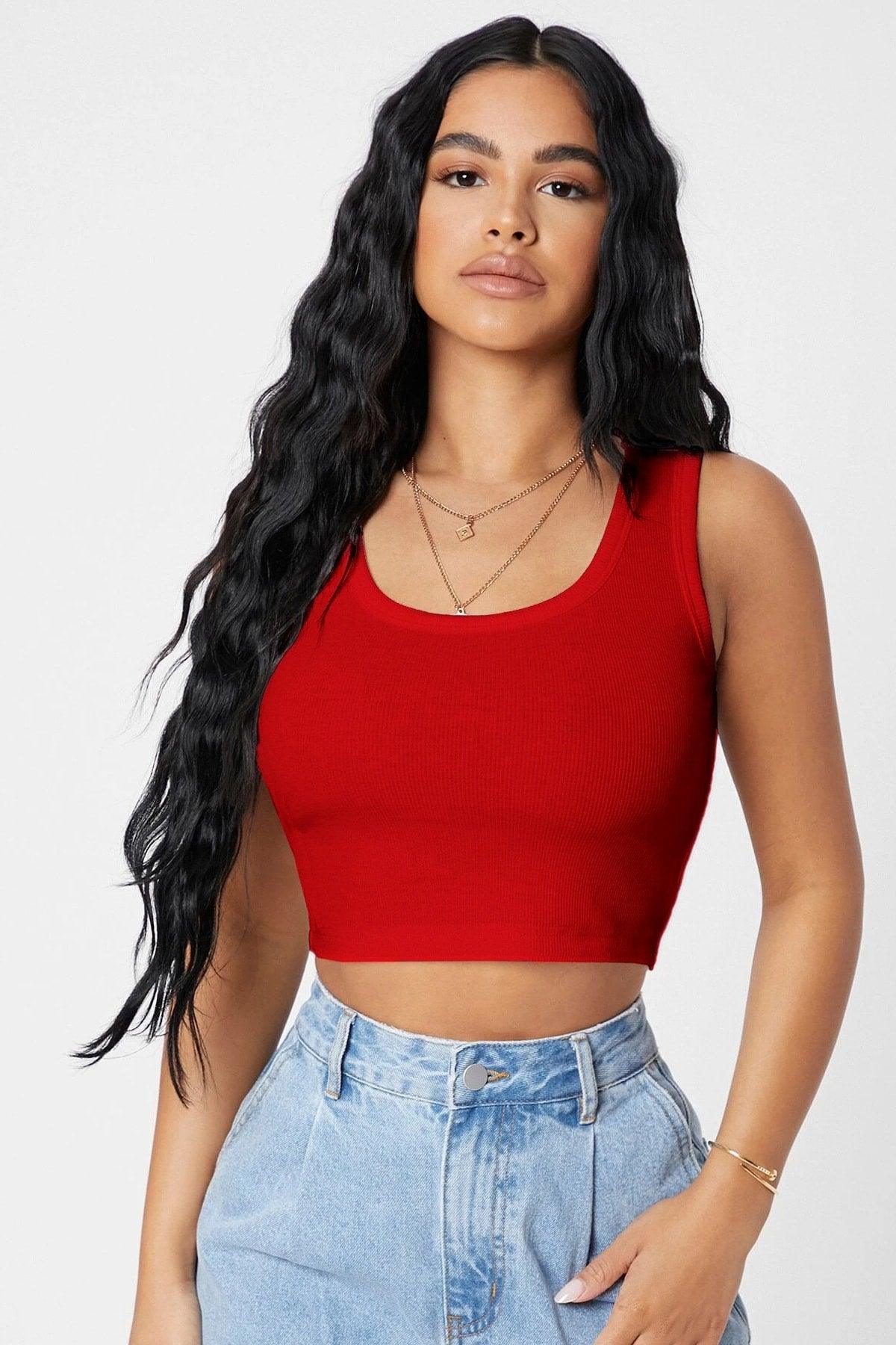 Women's Red Square Neck Crop Top Blouse - Swordslife