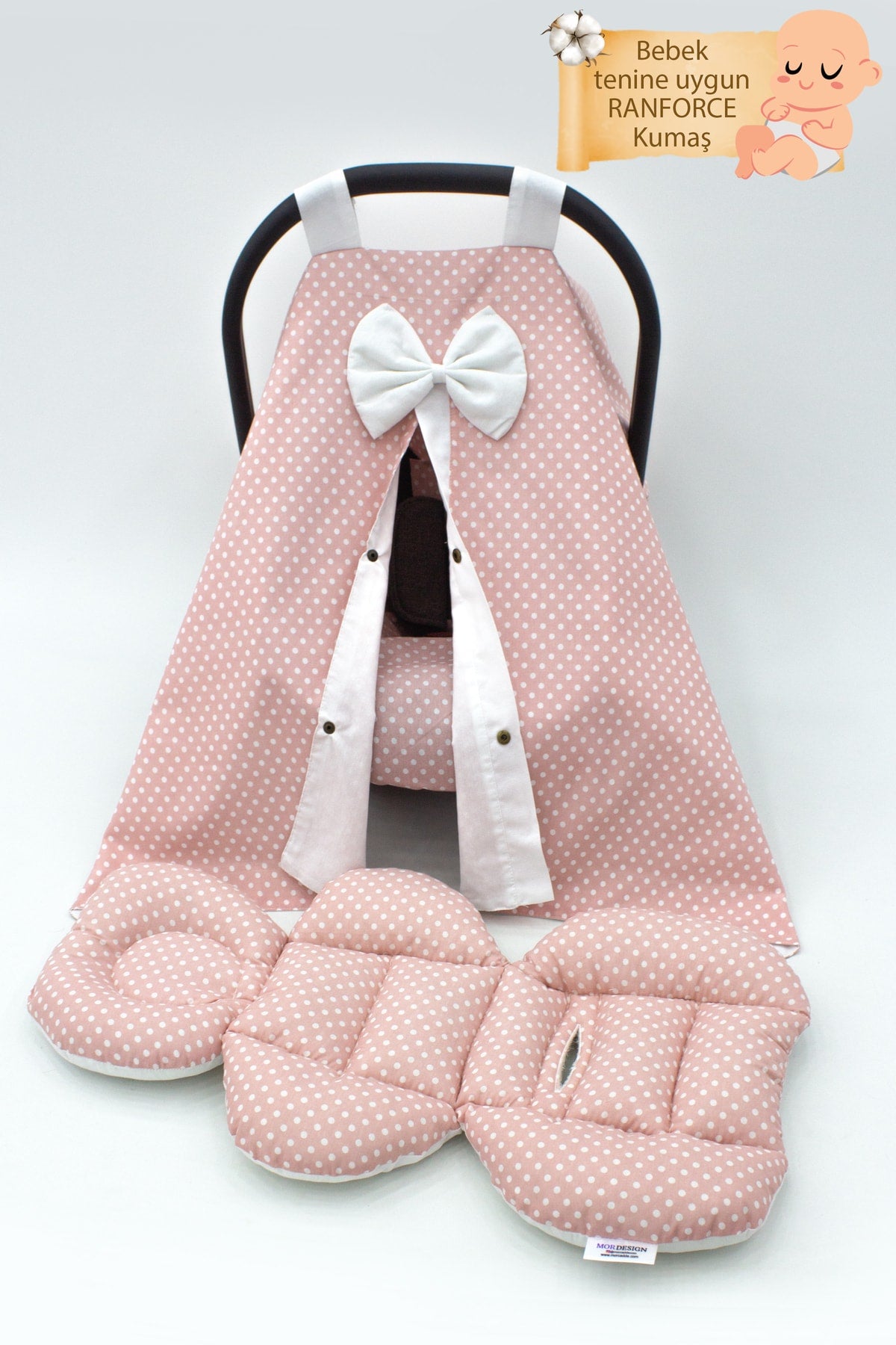 Orthopedic Stroller Cushion, Cover And Bed Sheet Set Of 3, 100% Cotton Fabric, Polka Dot, Pink Color