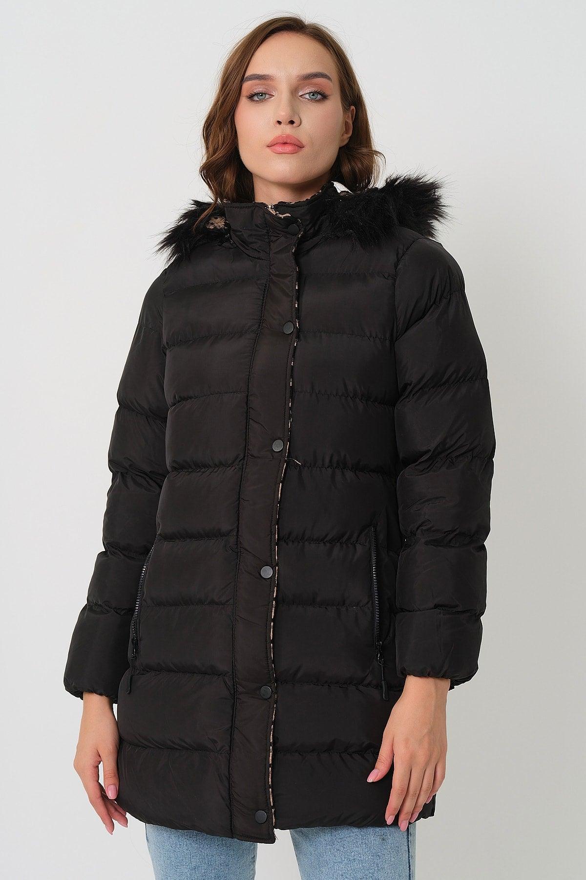 Women's Black Tan Fur Hooded Down Jacket - Swordslife