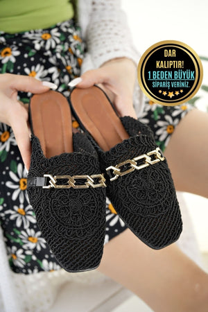 Women'S Closed Front Straw Slippers Black Lace Knitted Chain Dowry Daily Slippers