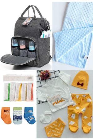 5 Piece Maternity Set (Baby Care Backpack, Hospital Exit, Chickpea Blanket, 10 Wipes And 3 Socks)
