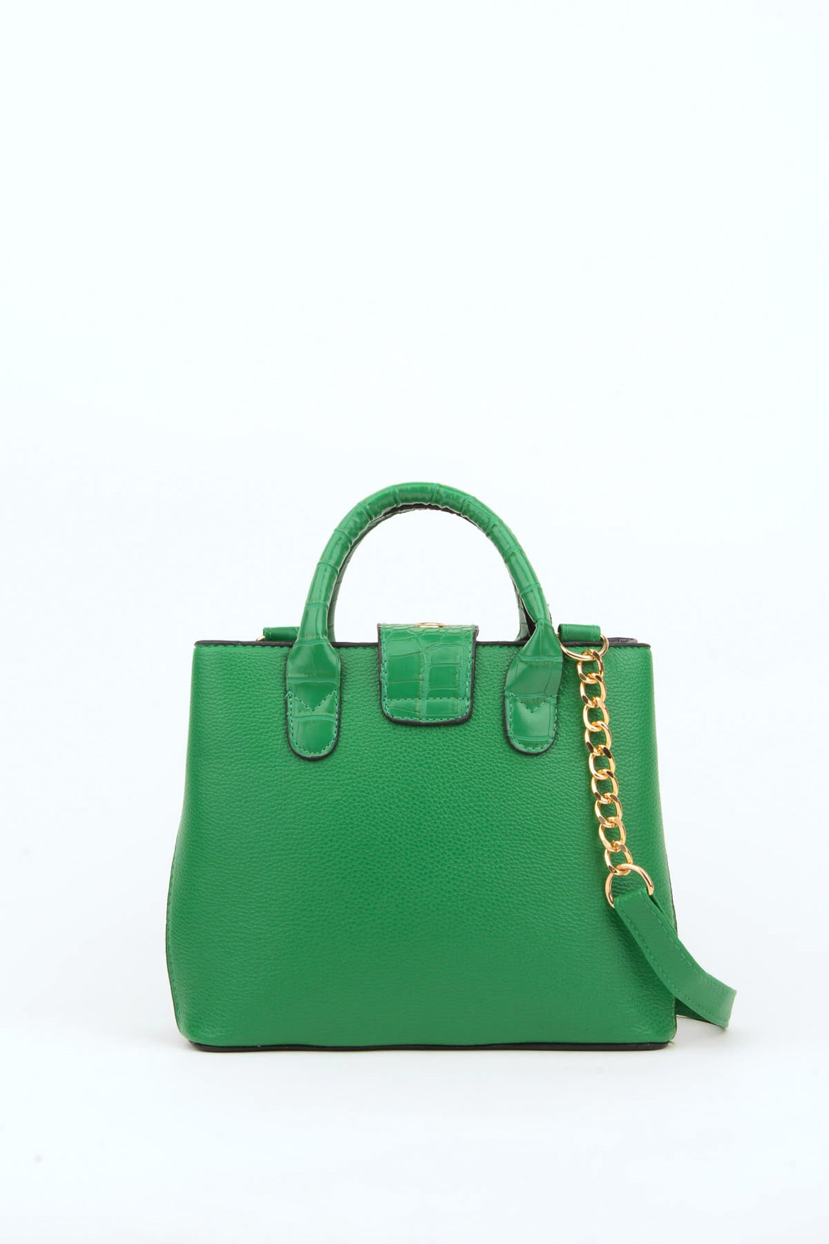 Women'S Green Croco Handle 2 Compartment Snap Zipper Closure Hand And Shoulder Bag With Strap