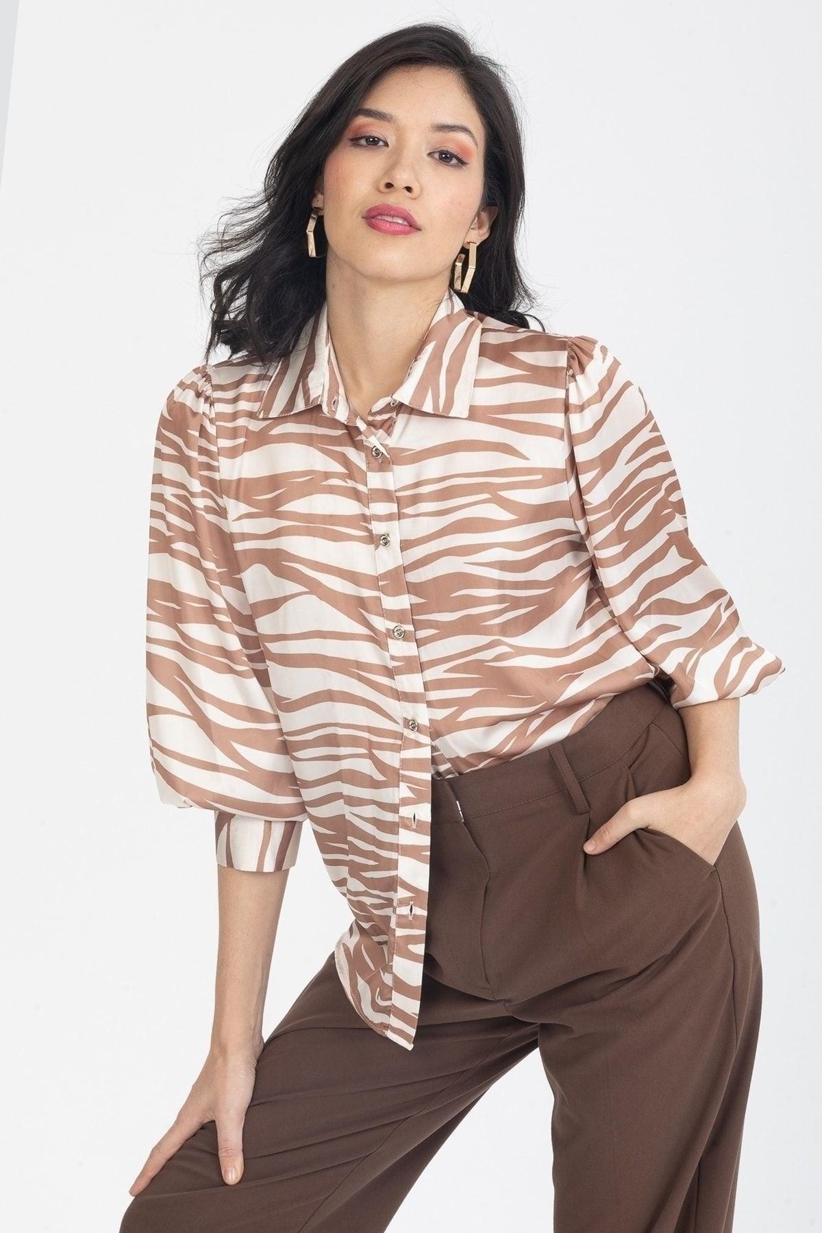 Women's Mink Balloon Sleeve Button Detailed Shoulder Pleated Zebra Patterned Satin Shirt - Swordslife