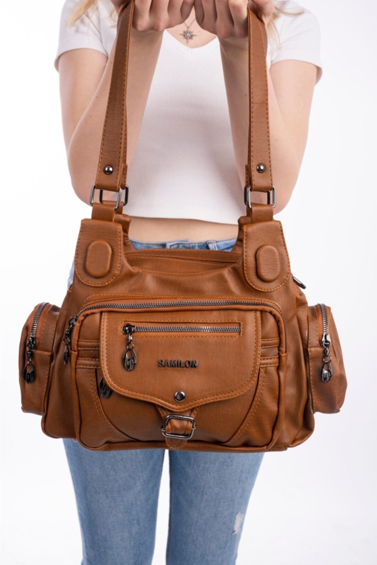 Women'S Tobacco Wash Multi-Section Shoulder And Hand Bag