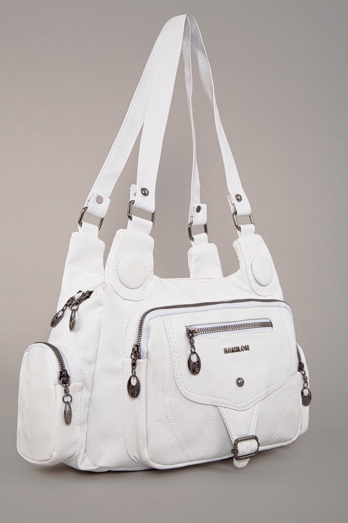 Women'S White Wash Leather Multi-Section Shoulder And Hand Bag
