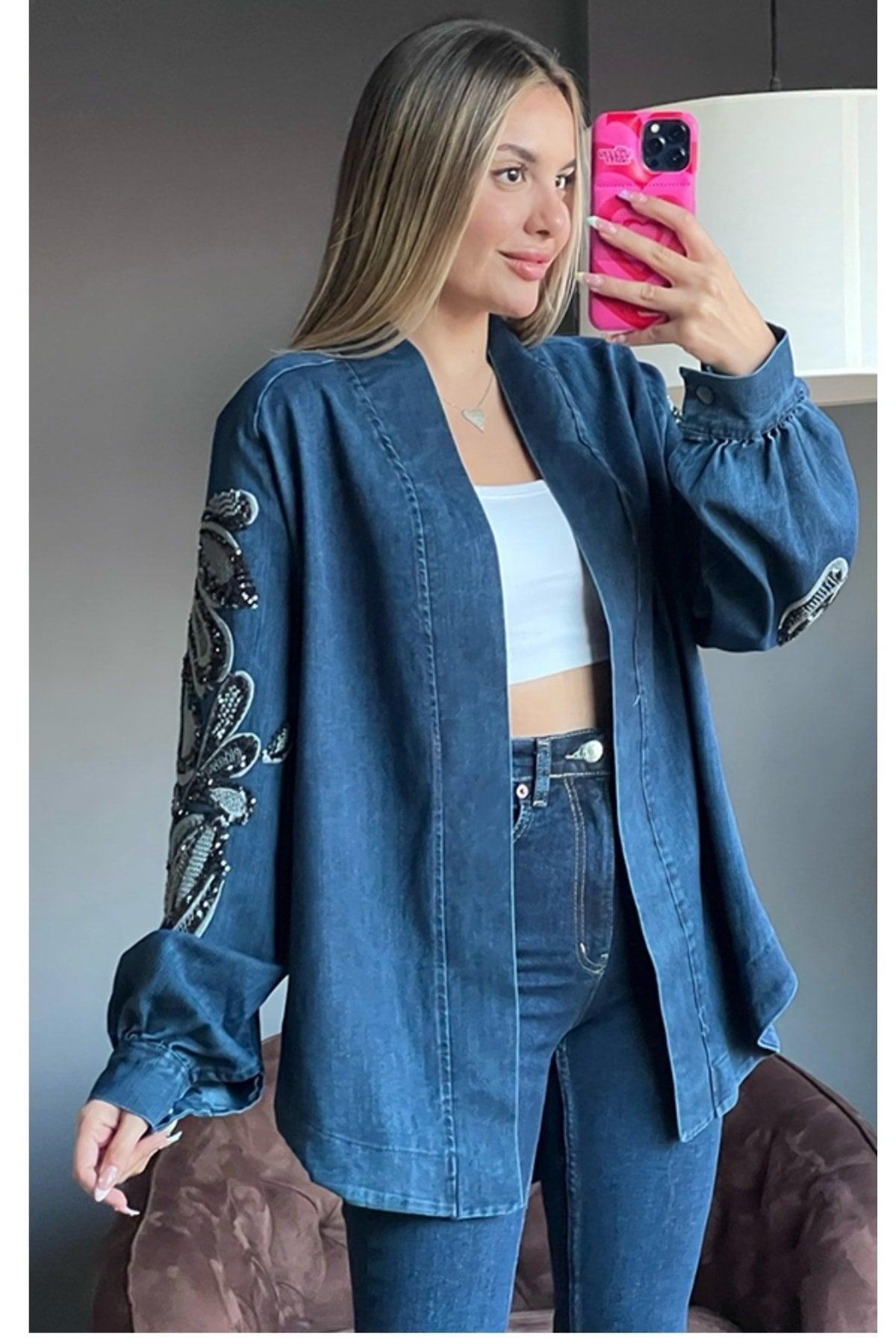 Sleeves Sequin Design Denim Jacket - Swordslife