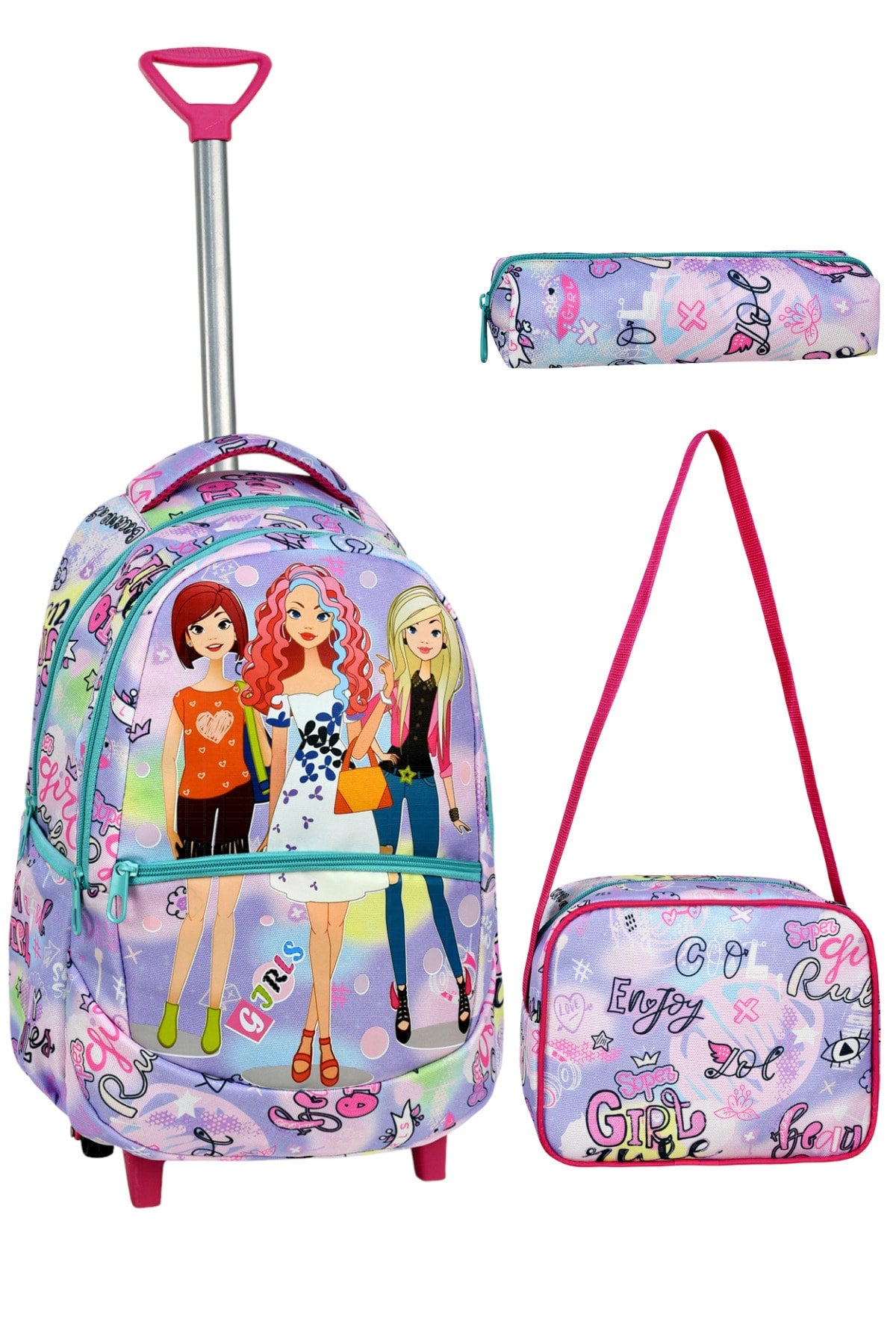 3-pack School Set with Squeegee, Girl Patterned Primary School Bag + Lunch Box + Pencil Holder