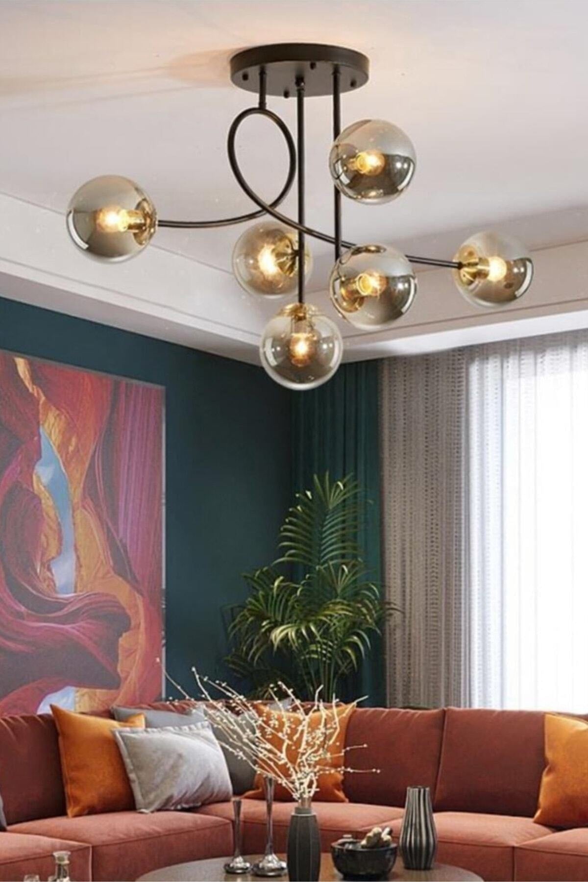 Jade 6-Piece Special Design Living Room - Kitchen - Bedroom Modern Black Chandelier With Smoked Globe Glass