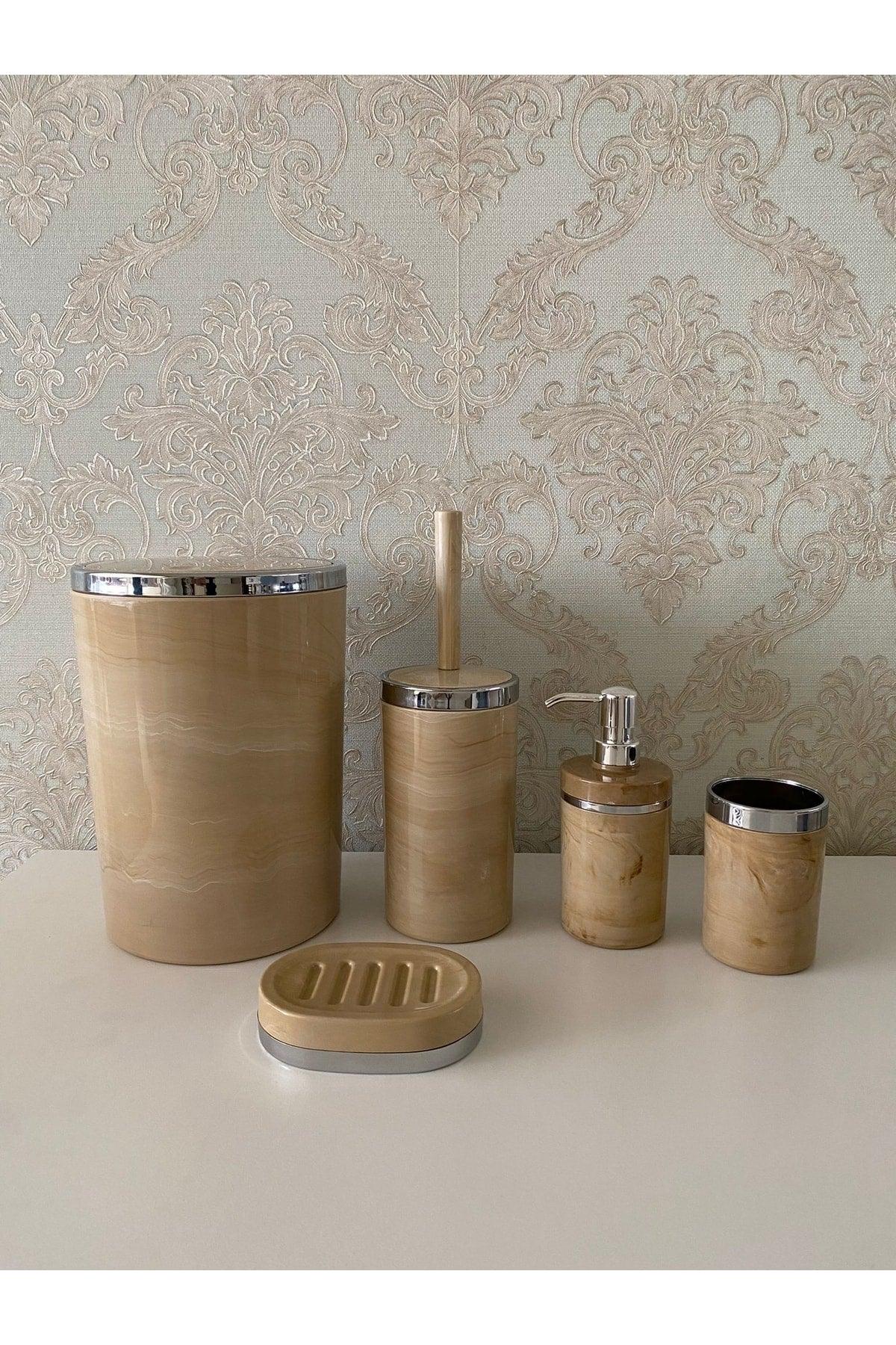 5 Pieces Marble Pattern Silver Bathroom Set / Wc Brush Holder, Liquid - Solid Soap Dispenser, Trash Can, Toothbrush Holder - Swordslife