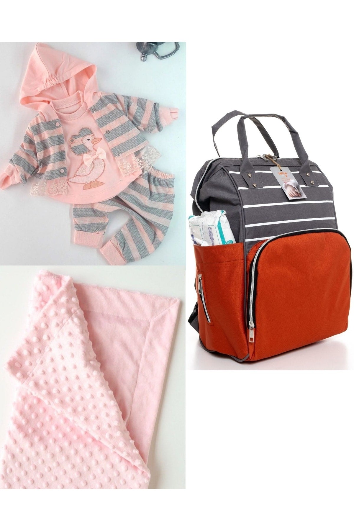 Functional Mother Baby Care Backpack, 100% Cotton Hospital Outlet And Chickpea Blanket Set