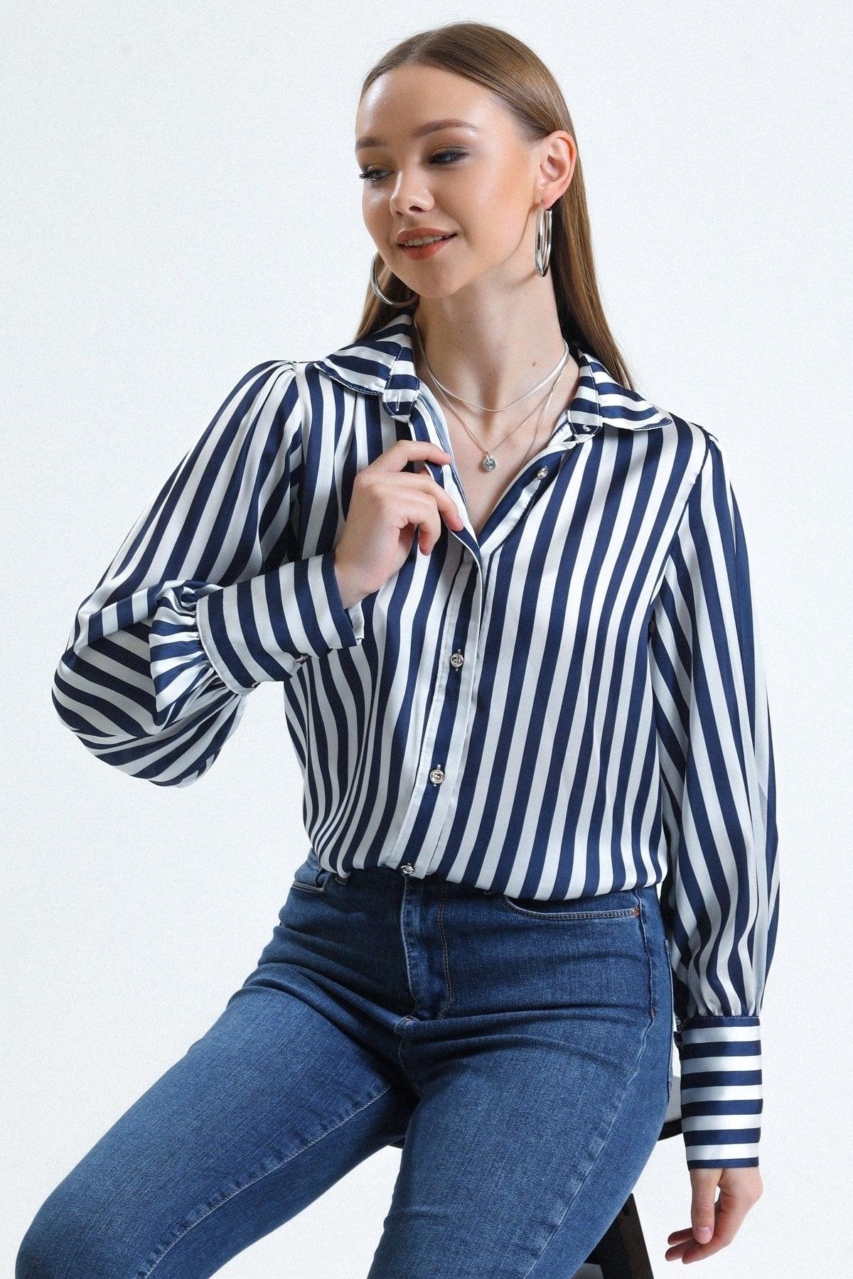 Women's Blue Balloon Sleeve Ruffle Detailed Oversize Striped Satin Shirt - Swordslife